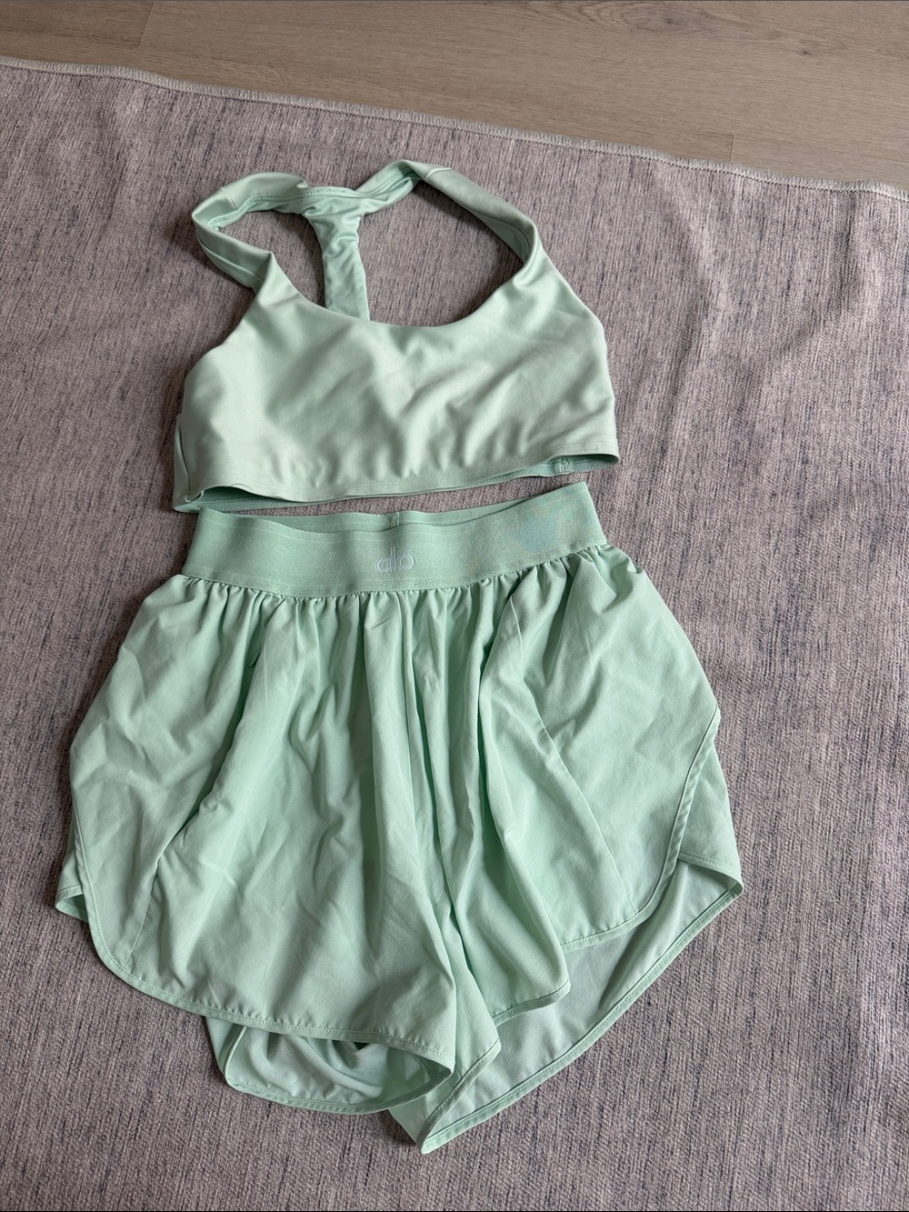 ALO Yoga spearmint match point shorts and racerback bra set